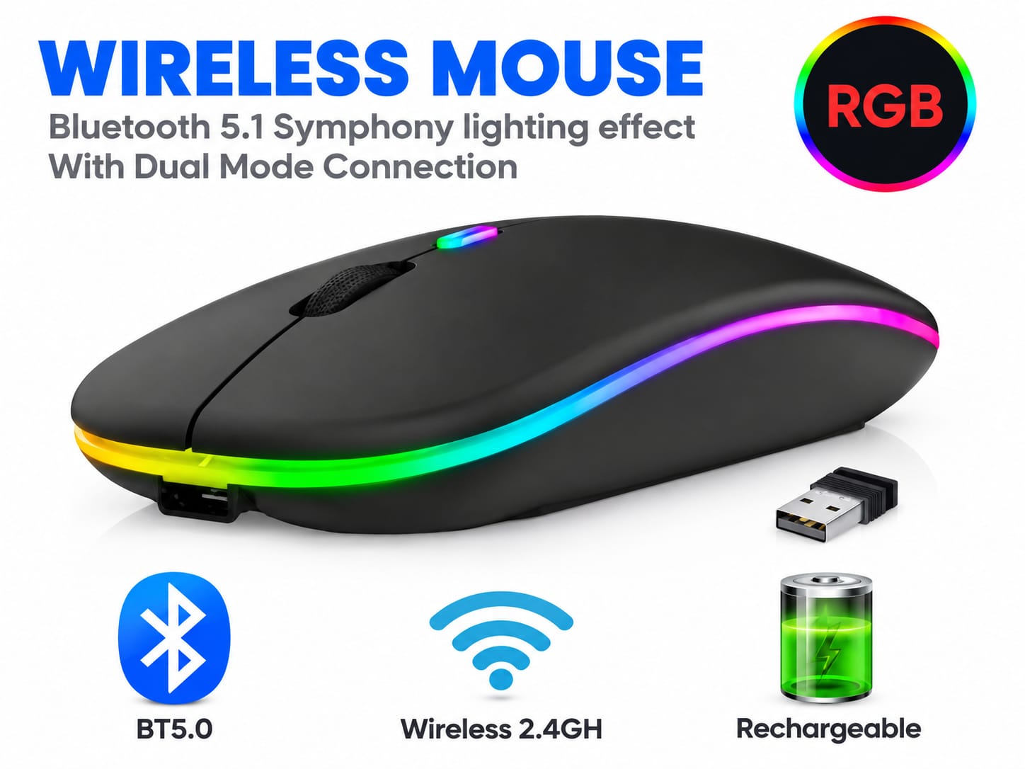 W10 Rechargeable Wireless Mouse – Silent Click, RGB Light, Slim Design, Dual Mode 2.4G + Bluetooth for Laptop, PC & Mac | The Need Shop